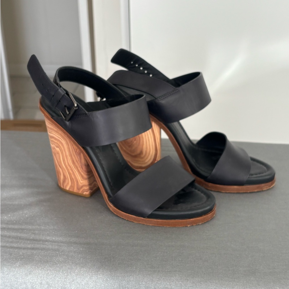 Vince Black Leather Heels with Wooden Block Heel